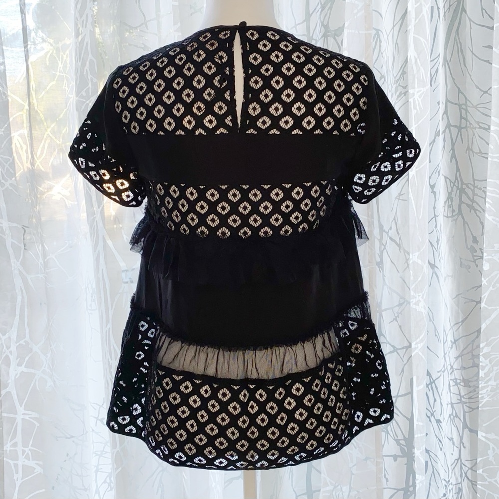 CINQ A SEPT BLACK SHEER LACE SILK MESH RUFFLE ROWS CREWNECK DELPHINE TOP BLOUSE - Picture 3 of 10